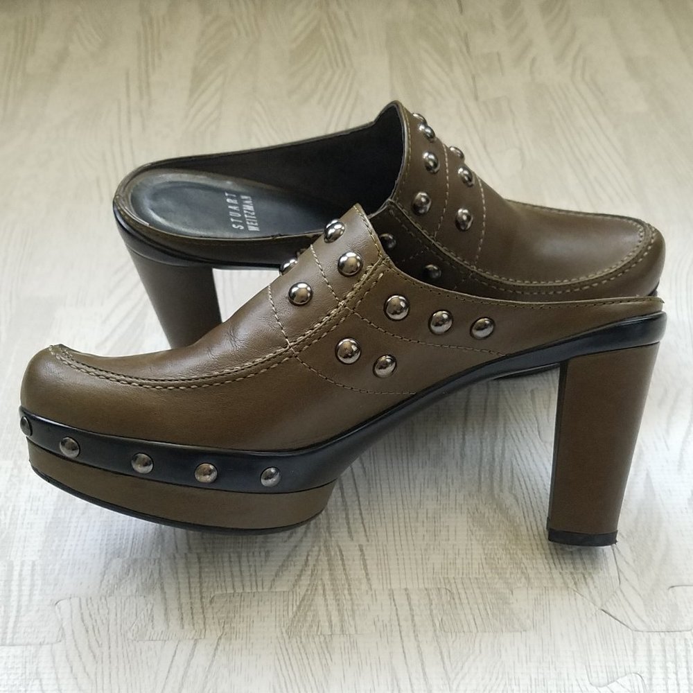 Stuart Weitzman studded platform mules / clog slip ons, Olive Green (size 7)